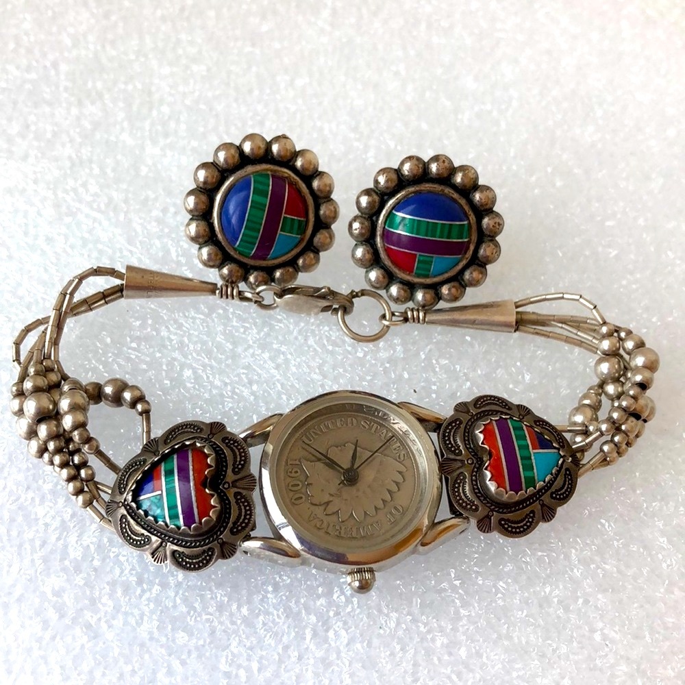 Sterling silver James Longacre watch heart inlaid band earrings lot